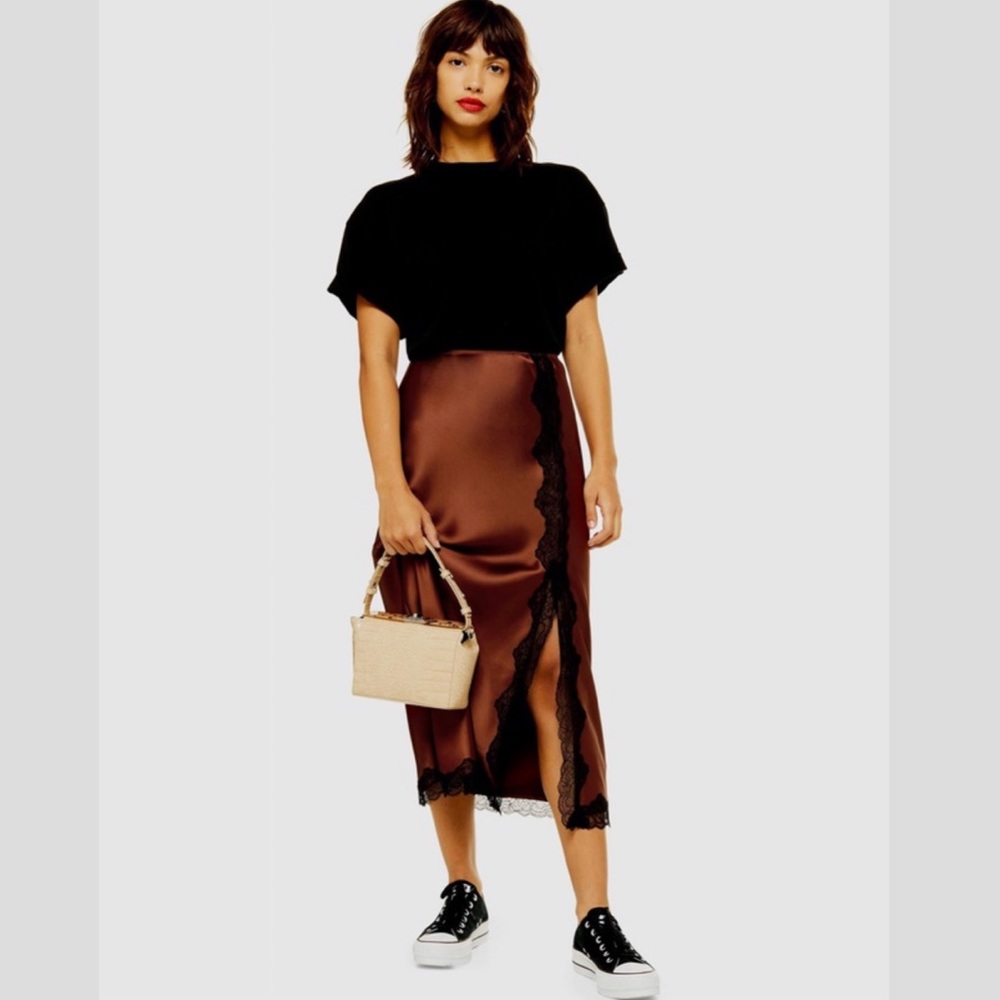 Topshop Lace Trim Satin Bias Midi Skirt